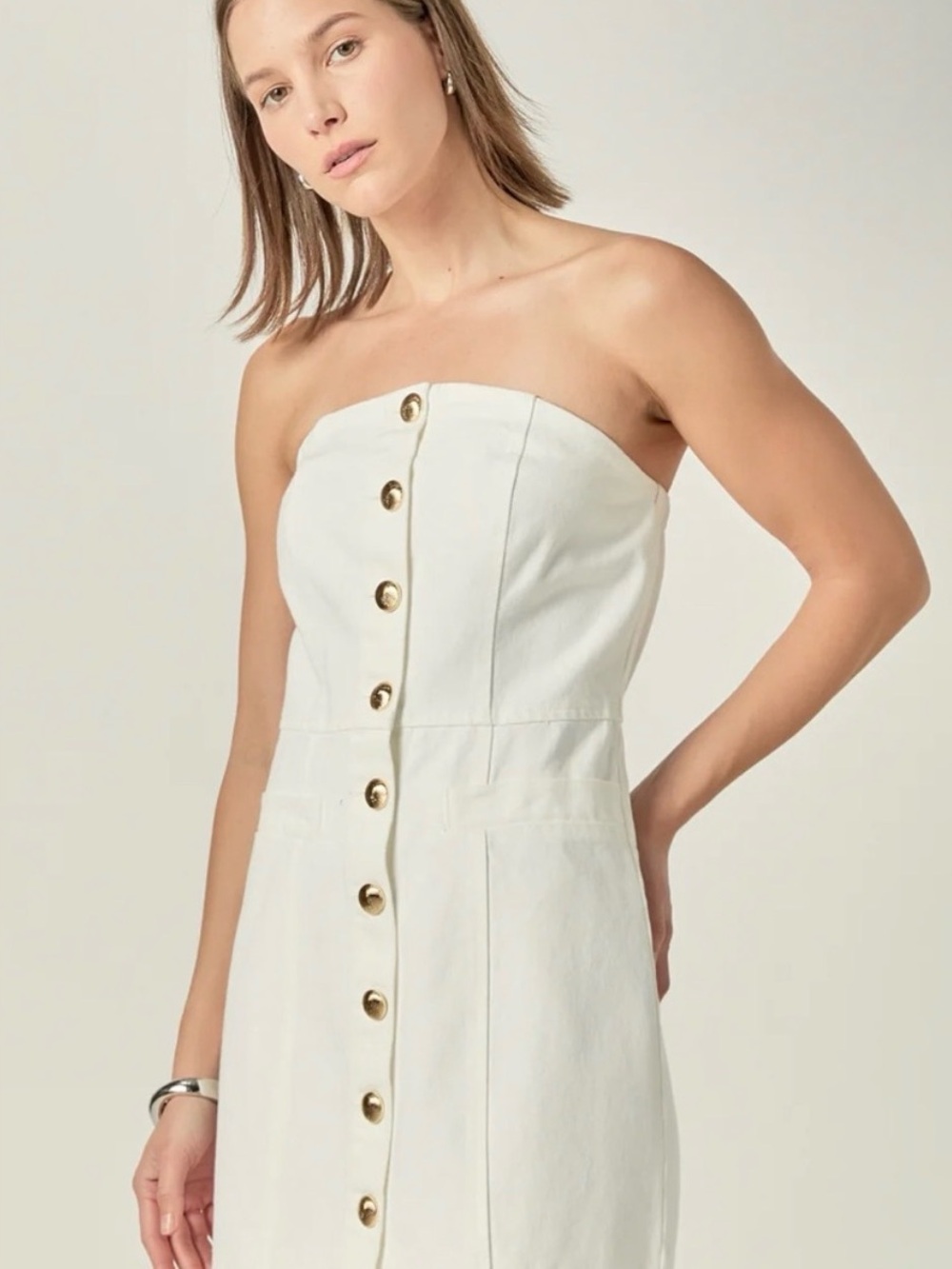 English Factory strapless White Jean dress with Gold-Tone Buttons